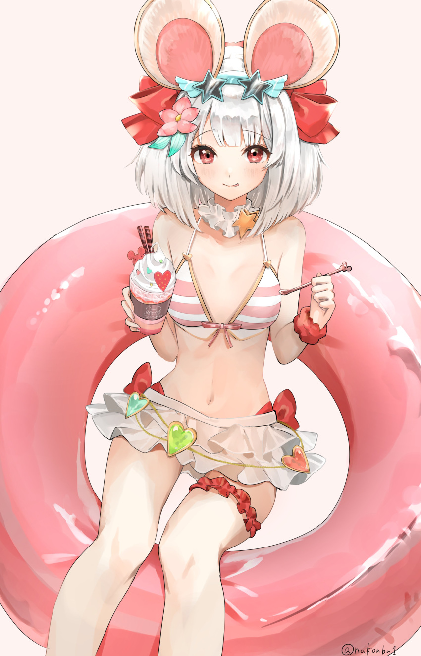 1girl :p absurdres animal_ears bangs bikini bikini_skirt blush bow breasts choker eyewear_on_head fake_animal_ears feet_out_of_frame flower food front-tie_bikini front-tie_top granblue_fantasy hair_bow hair_flower hair_ornament heart highres holding holding_food ice_cream innertube looking_at_viewer mouse_ears nakonbu navel pink_background red_bow red_eyes scrunchie short_hair small_breasts solo spoon sundae sunglasses swimsuit thigh_strap tongue tongue_out twitter_username vikala_(granblue_fantasy) white_hair wrist_scrunchie