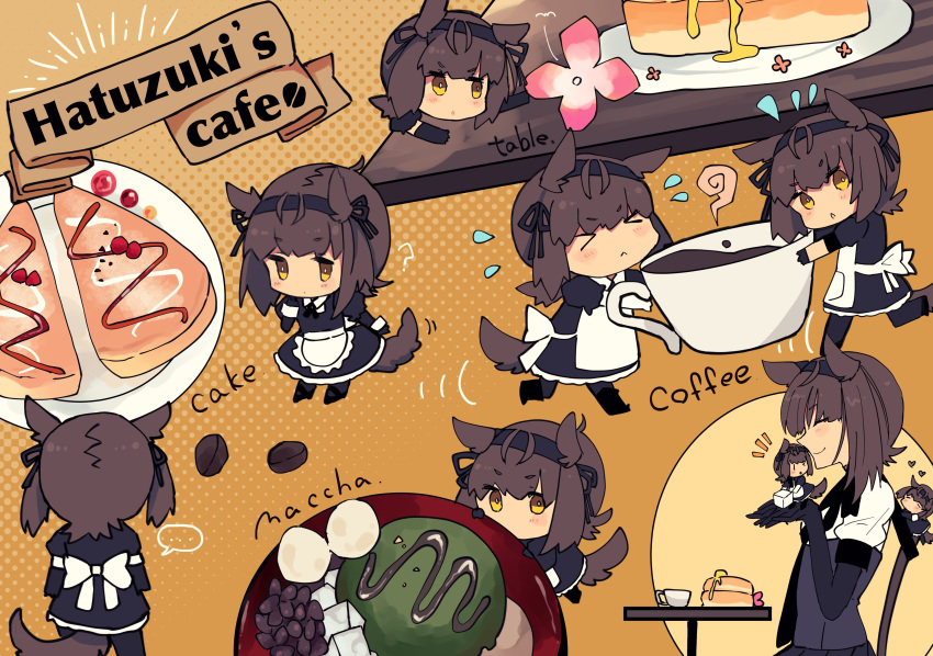 6+girls absurdres animal_ears black_headband bodysuit brown_hair cake chibi closed_eyes coffee commentary_request cup dog_ears dog_tail edel_(edelcat) food full_body hachimaki hair_flaps hatsuzuki_(kantai_collection) headband highres kantai_collection multiple_girls multiple_persona neckerchief pancake short_hair sitting table tail yellow_background