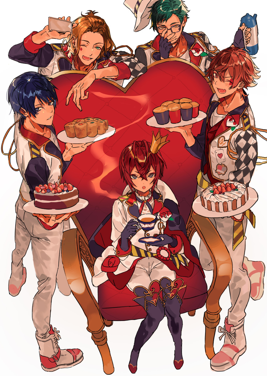 5boys absurdres ace_trappola blue_eyes blue_hair boots cake cater_diamond chair crown deuce_spade food gloves green_hair hair_between_eyes hat heart highres jacket looking_at_viewer male_focus mini_crown muffin multiple_boys nana_tetra one_eye_closed open_mouth orange_hair redhead riddle_rosehearts school_uniform short_hair smile tea thigh-highs thigh_boots trey_clover twisted_wonderland white_background