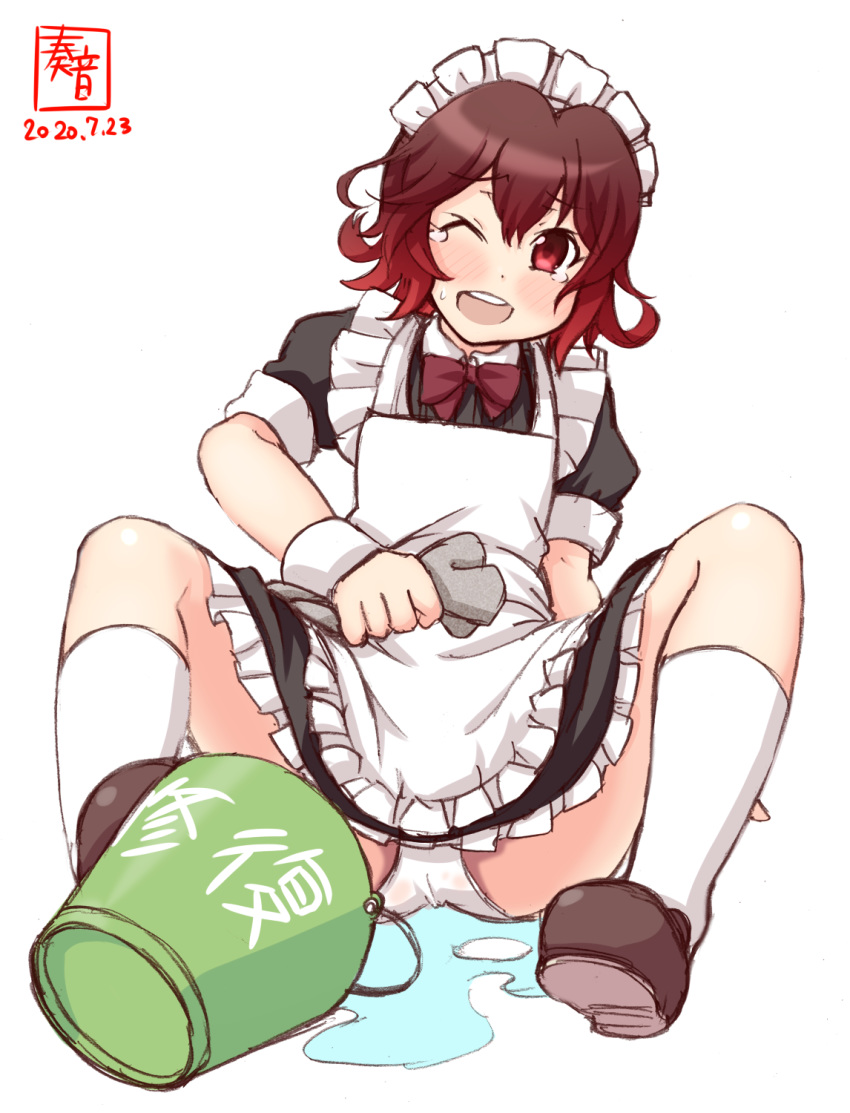 1girl alternate_costume apron artist_logo black_dress brown_footwear brown_hair bucket commentary_request dated dress enmaided frilled_apron frills gradient_hair highres kanon_(kurogane_knights) kantai_collection kneehighs loafers maid maid_headdress multicolored_hair mutsuki_(kantai_collection) one_eye_closed panties pantyshot purple_neckwear red_eyes redhead repair_bucket shoes short_hair short_shorts shorts simple_background solo spill spread_legs tears underwear water white_apron white_background white_legwear white_panties