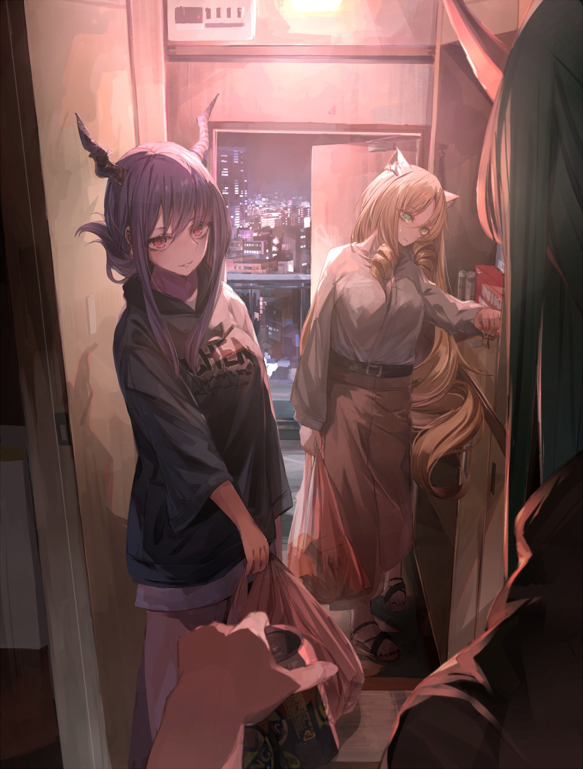 3girls absurdres arknights bag blue_hair brown_skirt can ch'en_(arknights) cityscape commentary_request doorway dragon_horns green_hair highres holding holding_bag holding_can hood hoodie horns hoshiguma_(arknights) indoors long_hair miyabino_(miyabi1616) multiple_girls night night_sky open_door red_eyes shorts sidelocks skirt sky slippers swire_(arknights) very_long_hair