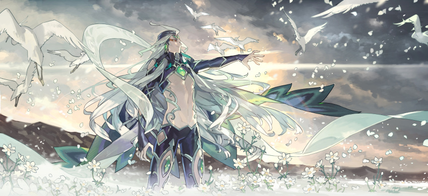 1boy abs ahoge bird bodysuit eyeshadow fate/grand_order fate_(series) flower forehead_jewel hair_ornament highres long_hair makeup multicolored_hair navel petals qin_shi_huang_(fate/grand_order) red_eyes revealing_clothes shirtless sky smile solo starshadowmagician two-tone_hair upper_body very_long_hair white_hair