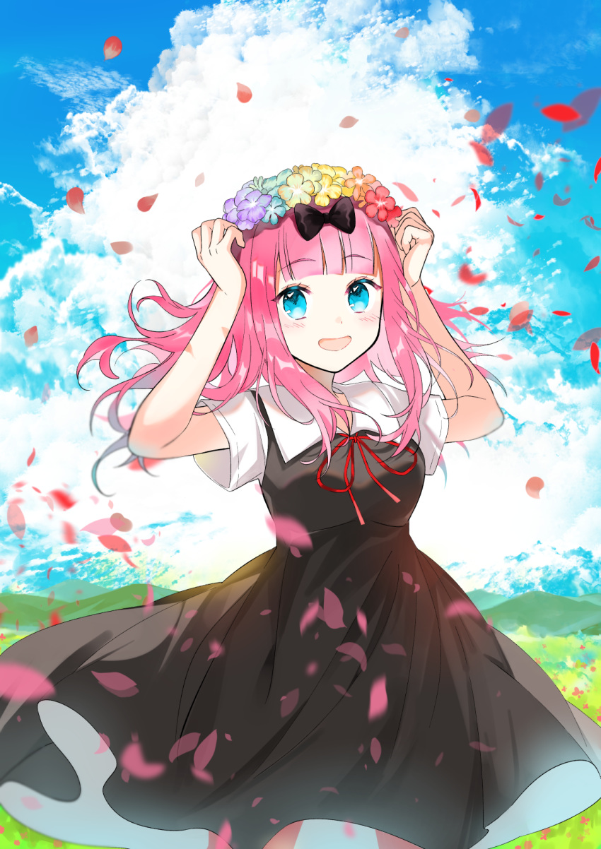 1girl arms_up bangs black_bow black_dress blue_eyes blue_flower blue_sky blunt_bangs blush bow breasts clouds cloudy_sky commentary_request day dress eyebrows_visible_through_hair falling_petals flower fujiwara_chika hair_bow hair_flower hair_ornament head_wreath highres kaguya-sama_wa_kokurasetai_~tensai-tachi_no_renai_zunousen~ large_breasts long_hair looking_at_viewer mountainous_horizon open_mouth orange_flower outdoors pink_hair purple_flower red_flower red_ribbon ribbon school_uniform shirt short_sleeves sky smile solo white_shirt yellow_flower yubacha