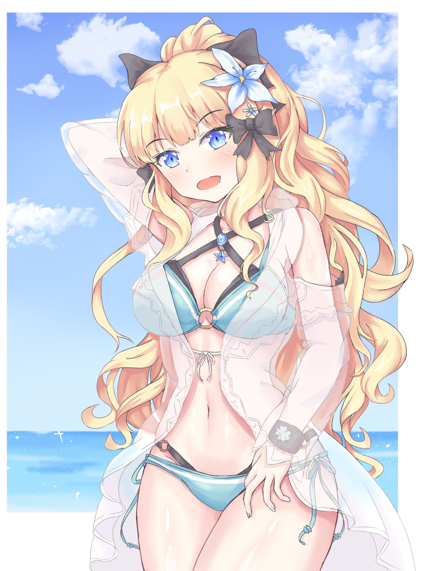 1girl absurdres bangs bikini black_bow blonde_hair blue_eyes blush bow breasts elf eyebrows_visible_through_hair flower hair_bow hair_flower hair_ornament highres jo_(jo_jaehwan_98) large_breasts long_hair looking_at_viewer open_mouth pointy_ears ponytail princess_connect! princess_connect!_re:dive saren_(princess_connect!) smile solo swimsuit