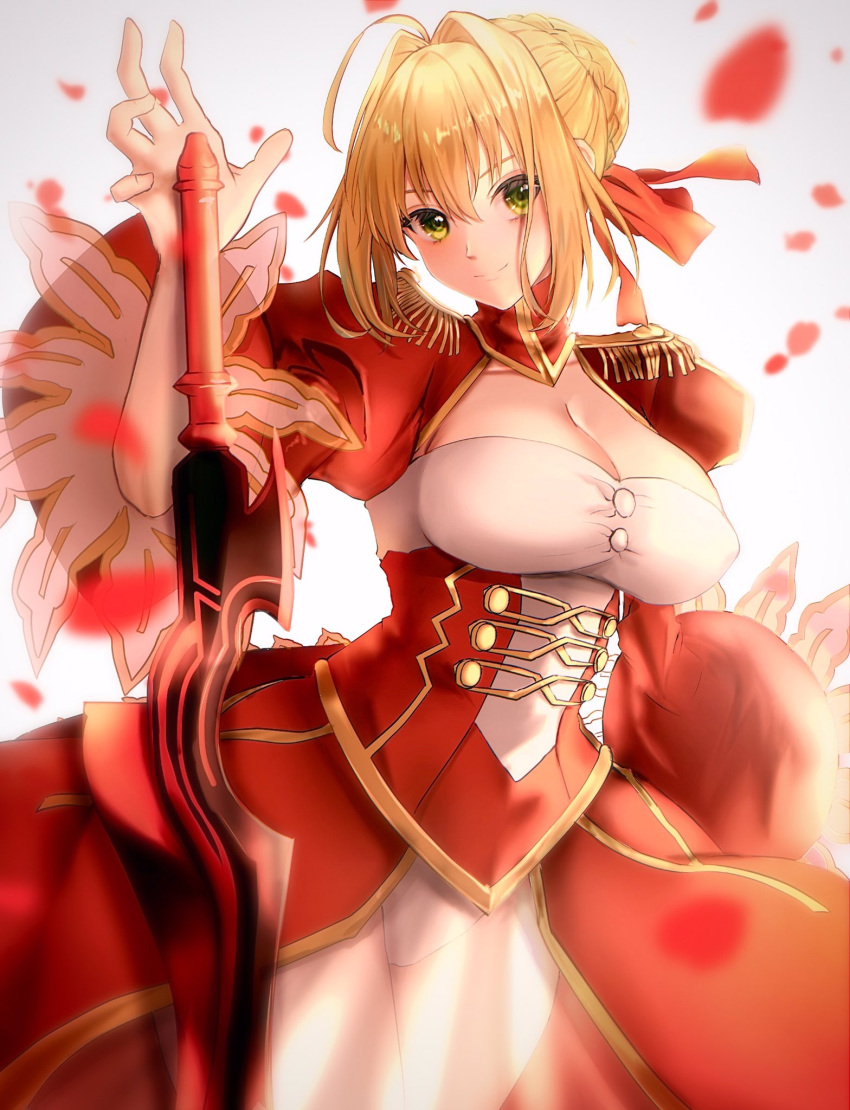 1girl aestus_estus ahoge bangs blonde_hair blush braid breasts dress epaulettes fate/extra fate/grand_order fate_(series) french_braid green_eyes hair_bun hair_intakes hair_ribbon highres juliet_sleeves large_breasts long_hair long_sleeves looking_at_viewer nepodayo nero_claudius_(fate) nero_claudius_(fate)_(all) petals puffy_sleeves red_dress red_ribbon ribbon smile sword weapon wide_sleeves