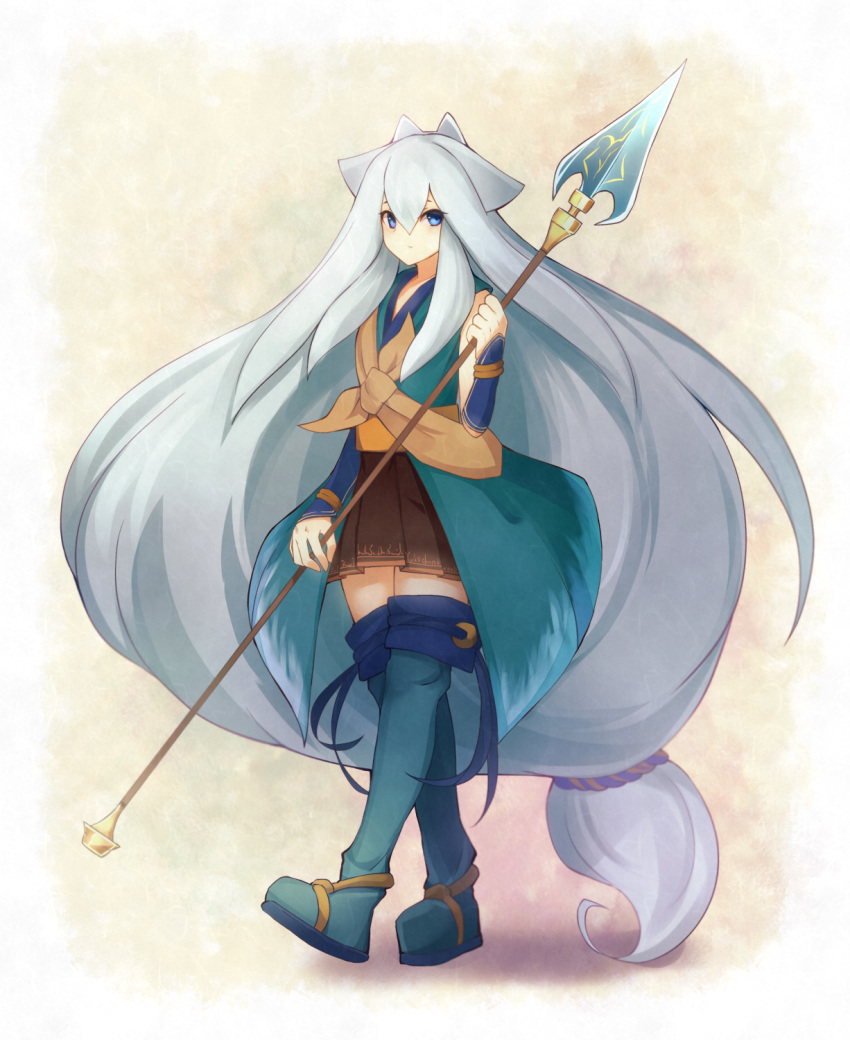 1girl alder animal_ears bare_shoulders big_hair blue_eyes boots closed_mouth flat_chest full_body hair_between_eyes highres holding_lance kuuko_(shikihime_zoushi) lance long_hair looking_at_viewer low-tied_long_hair polearm shikihime_zoushi solo thigh-highs thigh_boots very_long_hair walking weapon
