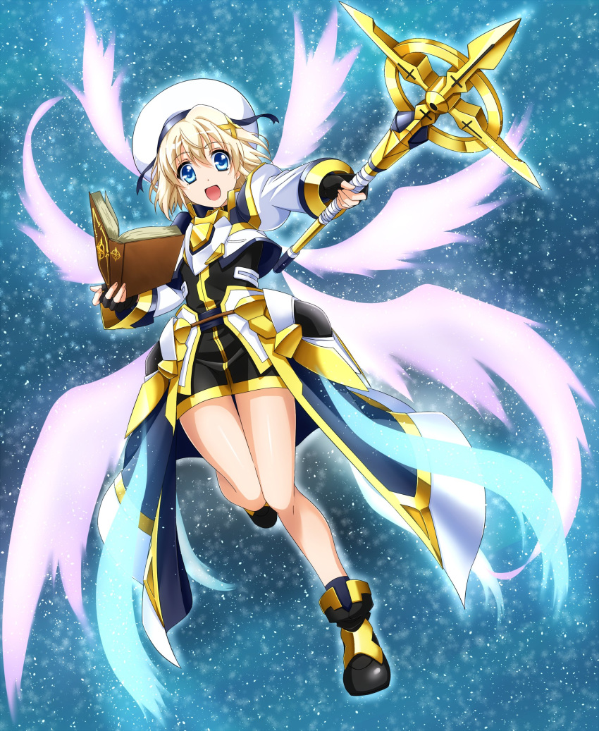 1girl :d absurdres armored_skirt beret black_dress black_gloves blonde_hair blue_eyes book boots commentary dress dutch_angle eyebrows_visible_through_hair fingerless_gloves gloves hair_ornament hat highres holding holding_book holding_weapon jacket leg_up light_particles long_sleeves looking_at_viewer lyrical_nanoha magical_girl mahou_shoujo_lyrical_nanoha_detonation open_mouth overskirt schwertkreuz short_dress smile solo standing standing_on_one_leg tome_of_the_night_sky weapon white_headwear white_jacket white_wings wings x_hair_ornament yagami_hayate yellow_footwear yorousa_(yoroiusagi)