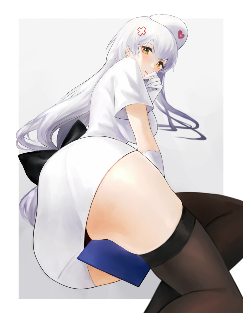 1girl absurdres ass azur_lane bangs black_legwear breasts brown_eyes cl_(summer_sama) dress eyebrows_visible_through_hair gloves hand_to_own_mouth hat hermione_(azur_lane) highres long_hair looking_at_viewer notebook nurse nurse_cap silver_hair solo thigh-highs thighs white_background white_gloves white_hair