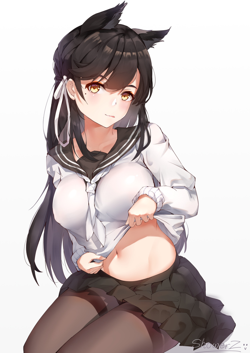 1girl :q animal_ears artist_name atago_(azur_lane) atago_(school_daydream)_(azur_lane) azur_lane black_hair black_legwear black_sailor_collar black_skirt blush breasts brown_eyes closed_mouth clothes_lift hair_ribbon highres large_breasts lifted_by_self long_hair long_sleeves looking_at_viewer midriff miniskirt mole mole_under_eye navel neckerchief pantyhose pleated_skirt ribbon sailor_collar school_uniform serafuku showerz simple_background sitting skirt smile sweater sweater_lift thighband_pantyhose tongue tongue_out very_long_hair white_background white_neckwear white_ribbon white_sweater