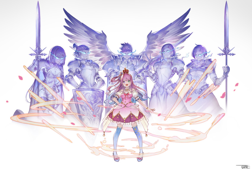 1girl absurdres armor crown dress full_body granblue_fantasy heterochromia highres himemori_luna hololive jun_wei knight long_hair open_mouth parody pink_hair polearm shield spear sword thigh-highs virtual_youtuber weapon white_background