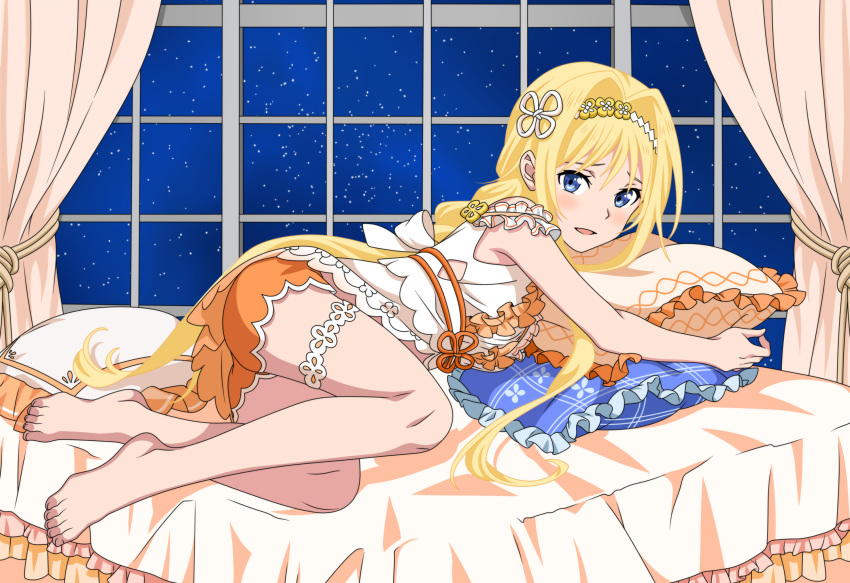 1girl alice_schuberg ass bangs barefoot blue_eyes blush bow breasts commentary_request curtains dearigazu2001 dress flower hair_flower hair_ornament highres knees long_hair looking_at_viewer lying medium_breasts nightgown object_hug off-shoulder_dress off_shoulder on_bed open_mouth pillow shorts_under_dress solo star_(sky) sword_art_online:_alicization thighs very_long_hair