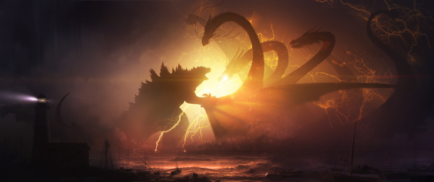 absurdres battle chris_voy commentary dark_sky electricity english_commentary fangs godzilla godzilla:_king_of_the_monsters godzilla_(legendary) godzilla_(series) grabbing highres horns kaijuu king_ghidorah king_ghidorah_(godzilla:_king_of_the_monsters) lighthouse monster multiple_heads official_art spines tail wings