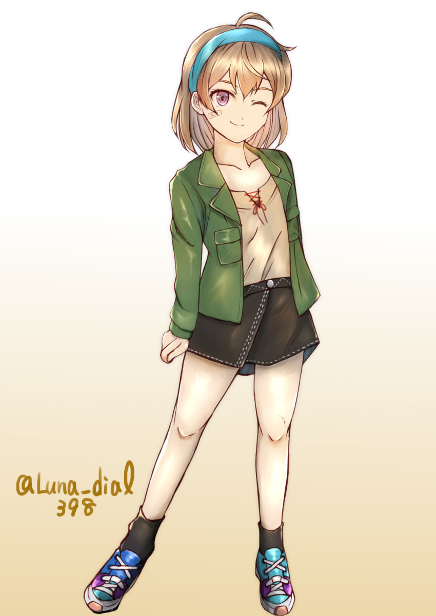 1girl alternate_costume bandaid bandaid_on_face beige_background beige_blouse black_skirt blue_footwear blue_hairband brown_hair full_body gradient gradient_background green_jacket hairband highres jacket kantai_collection ld looking_at_viewer oboro_(kantai_collection) one_eye_closed shoes short_hair skirt sneakers solo standing twitter_username violet_eyes
