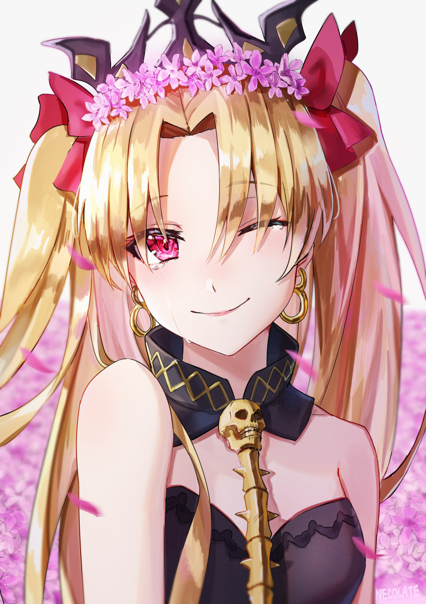 1girl ;) absurdres bangs blonde_hair blurry blurry_background bow diadem ereshkigal_(fate/grand_order) eyebrows_visible_through_hair fate/grand_order fate_(series) flower hair_between_eyes hair_bow hair_tubes head_wreath highres im_catfood long_hair looking_at_viewer one_eye_closed purple_flower red_bow red_eyes shiny shiny_hair smile solo strapless twintails upper_body very_long_hair