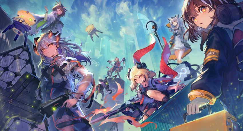 6+girls arknights black_jacket brown_hair building choker cityscape clouds coat commentary_request day dragon_horns dress drone flamethrower gloves highres holding horns ifrit_(arknights) jacket labcoat long_hair long_sleeves looking_at_viewer magallan_(arknights) mayer_(arknights) multiple_girls nijimaarc outdoors ptilopsis_(arknights) rhine_lab_(arknights) rhine_lab_logo saria_(arknights) see-through shield short_hair silence_(arknights) silver_hair staff weapon white_coat white_dress white_gloves