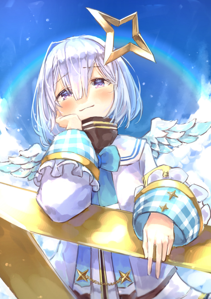 1girl absurdres amane_kanata angel angel_wings bow chin_rest eyebrows_visible_through_hair from_below halo highres hololive rainbow sailor_collar short_sleeves silver_hair sky smile solo violet_eyes virtual_youtuber wings yu_hydra