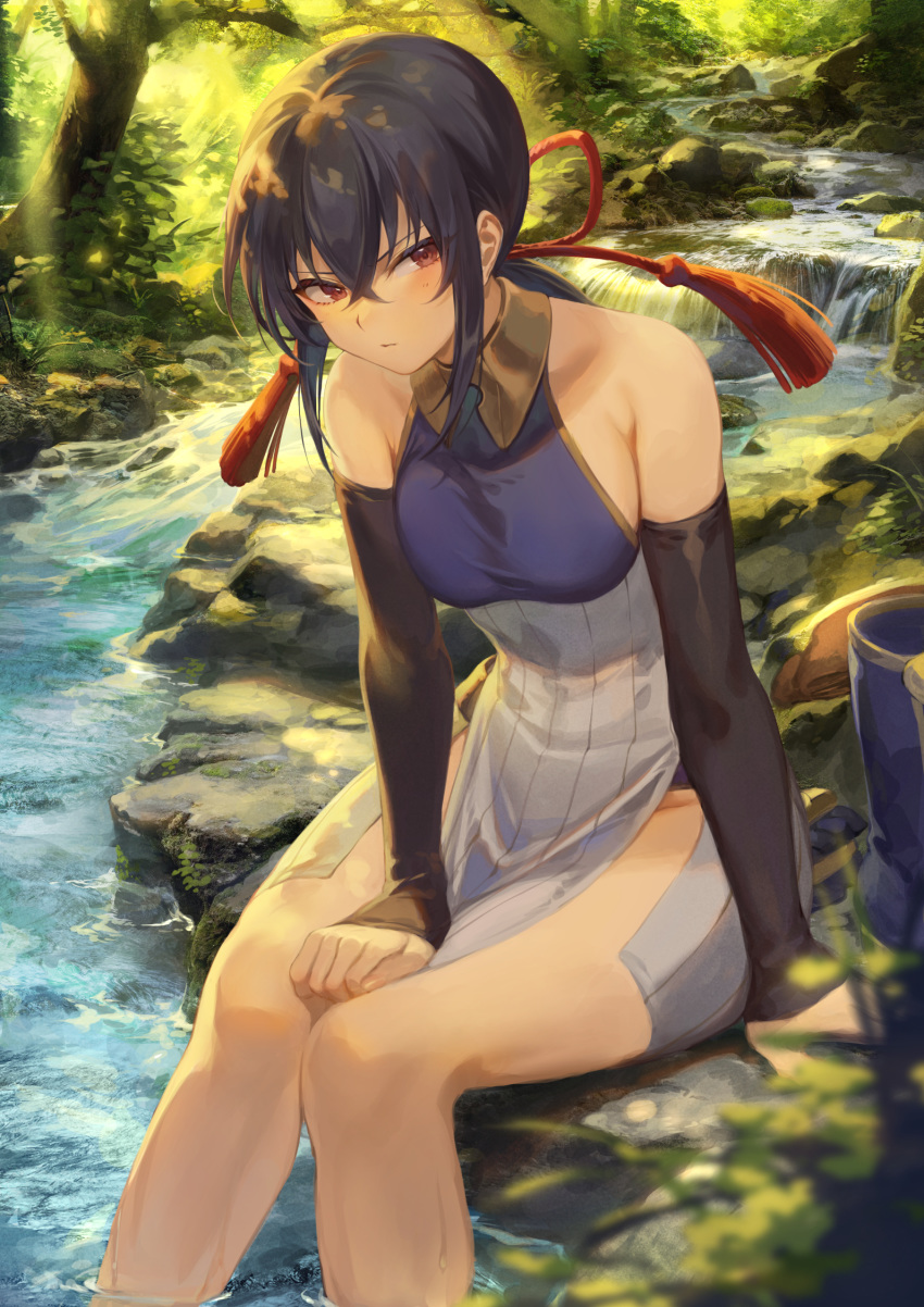 1girl bare_shoulders black_hair breasts brown_eyes commentary_request day detached_sleeves feet_out_of_frame forest highres mashuu_(neko_no_oyashiro) medium_breasts nature original outdoors sitting solo stream tree water wet