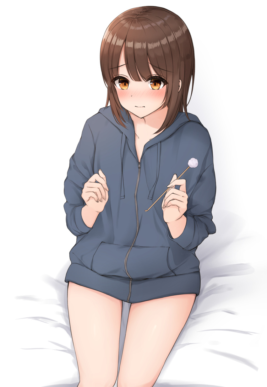 1girl absurdres bangs blue_sweater blush brown_eyes collarbone commentary_request cotton_swab eyebrows_visible_through_hair highres holding hood hooded_sweater light_smile long_sleeves original simple_background sitting solo sweater thighs white_background yukiunag1