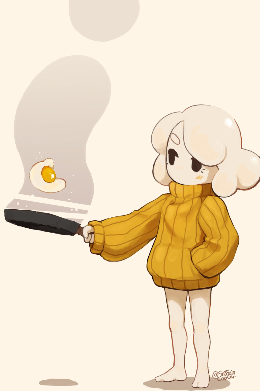 1girl absurdres bare_legs barefoot black_eyes egg egg_(lemyawn) frying_pan full_body hand_in_pocket highres long_sleeves medium_hair no_mouth no_nose orange_sweater original ribbed_sweater shadow sleeves_past_wrists snoozincopter solo standing sunny_side_up_egg sweater twitter_username white_hair