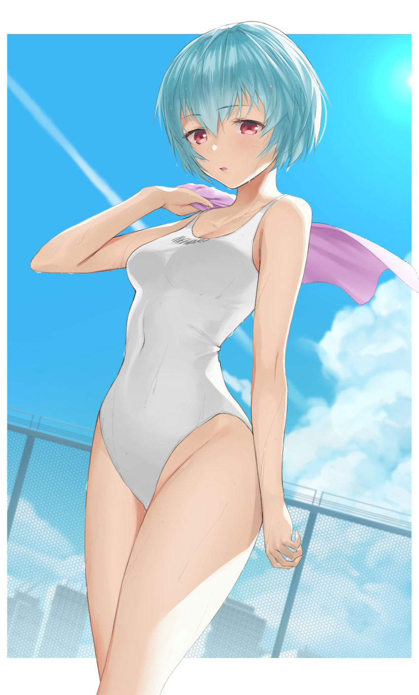 1girl ayanami_rei blue_hair blue_sky breasts building casual_one-piece_swimsuit chain-link_fence clouds condensation_trail covered_navel cowboy_shot day dutch_angle fence highres looking_at_viewer neon_genesis_evangelion one-piece_swimsuit outdoors pink_towel red_eyes short_hair sky small_breasts solo swimsuit takumi11 towel