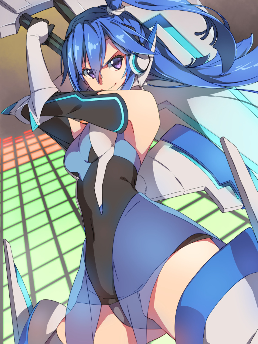 &gt;:) 1girl armpit_peek bare_shoulders blue_hair breasts chiharu_(9654784) closed_mouth commentary_request covered_navel detached_sleeves elbow_gloves gloves hair_between_eyes headgear headset highres holding holding_weapon kazanari_tsubasa long_hair looking_at_viewer senki_zesshou_symphogear side_ponytail small_breasts smile solo thigh-highs v-shaped_eyebrows violet_eyes weapon