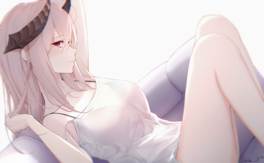 1girl arm_up armpits artist_name bangs bare_arms bare_legs bare_shoulders black_bra blurry blush bra bra_strap camisole closed_mouth depth_of_field eyebrows_visible_through_hair feet_out_of_frame hair_between_eyes highres horns knees_up leria_v long_hair looking_at_viewer looking_to_the_side lying on_back original purple_hair seductive_smile see-through sideways_glance silver_hair simple_background smile solo spaghetti_strap underwear white_background