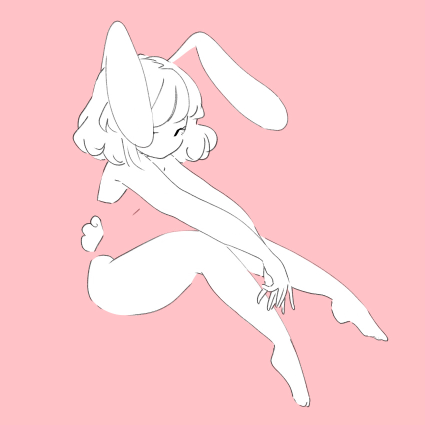 1girl absurdres animal_ears bare_legs barefoot blending bunny_tail hands_together highres knees_up lemyawn limited_palette medium_hair no_mouth no_nose original pink_background rabbit_ears simple_background solo tail white_hair