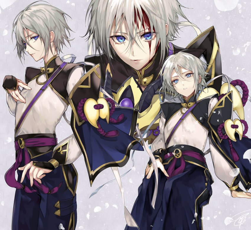 1boy bangs blood blood_on_face blue_eyes blue_pants bridal_gauntlets commentary_request fate/grand_order fate_(series) gao_changgong_(fate) grey_hair hair_between_eyes highres long_sleeves looking_at_viewer male_focus multiple_views pants parted_lips puffy_long_sleeves puffy_sleeves sash sheath shirt short_hair solo tcb white_shirt