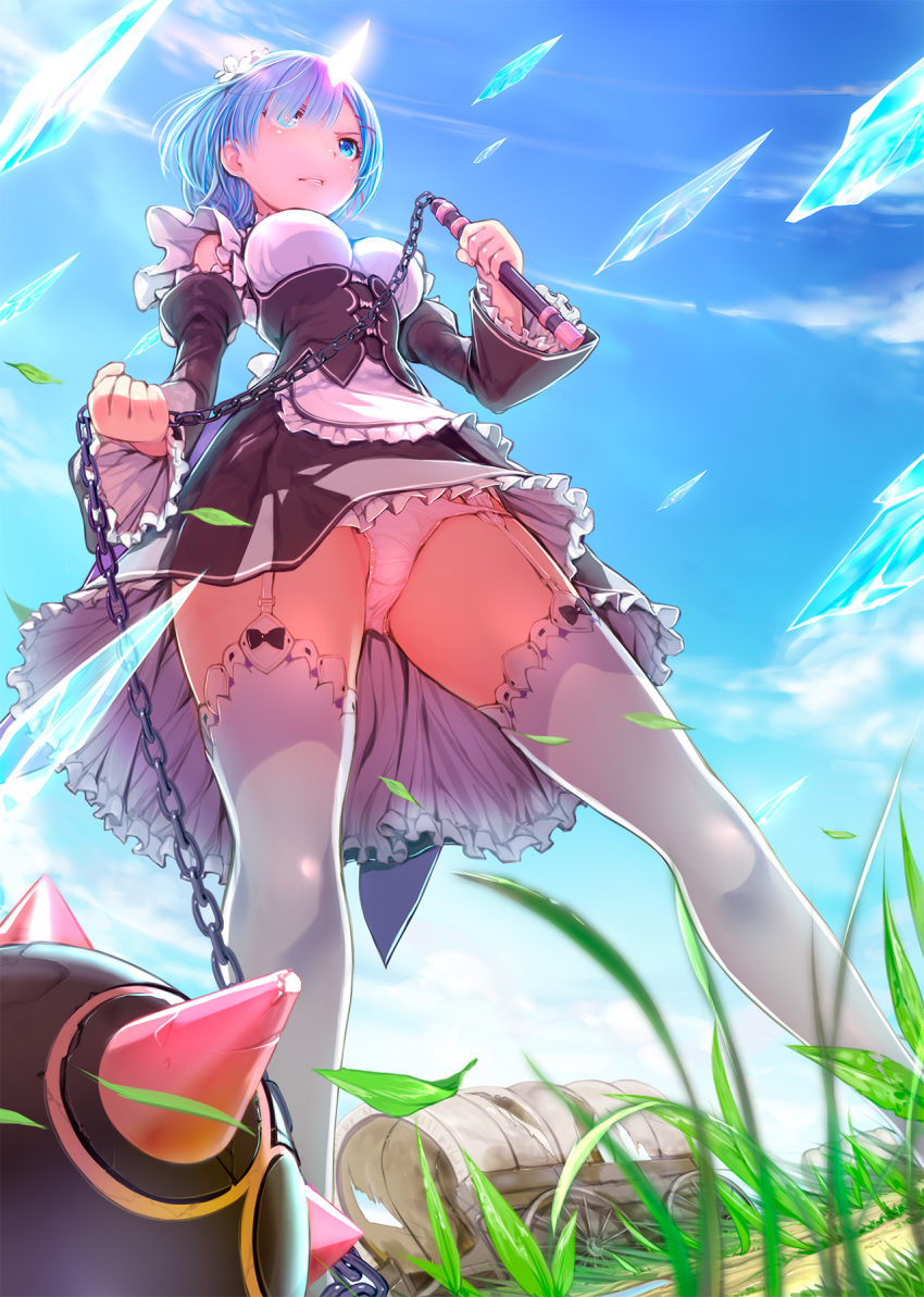 1girl angry apron bangs blue_eyes blue_hair blue_sky blush breasts clouds cloudy_sky commentary_request crystal day detached_sleeves dress feet_out_of_frame flail floating floating_object frilled_dress frilled_sleeves frills from_below ground_vehicle hair_ornament hair_over_one_eye highres holding holding_weapon legs_apart maid maid_headdress medium_breasts mikazuki_akira! morning_star outdoors panties pantyshot parted_lips re:zero_kara_hajimeru_isekai_seikatsu rem_(re:zero) short_hair sky solo thigh-highs underwear waist_apron weapon white_legwear x_hair_ornament