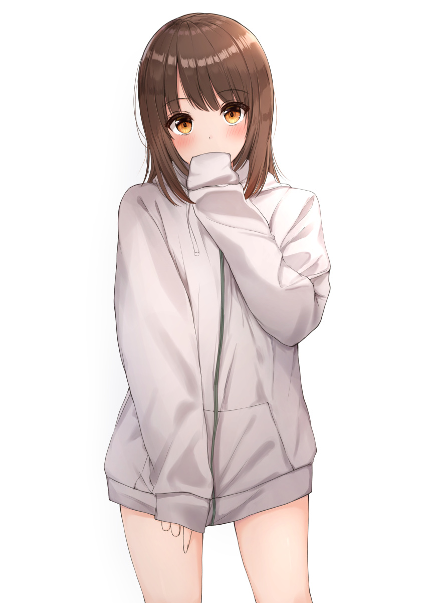 1girl absurdres bangs blush brown_eyes brown_hair commentary_request cowboy_shot eyebrows_visible_through_hair hand_to_own_mouth highres hood hood_down hooded_sweater hoodie looking_at_viewer medium_hair original simple_background sleeves_past_fingers sleeves_past_wrists sweater white_background white_sweater yukiunag1