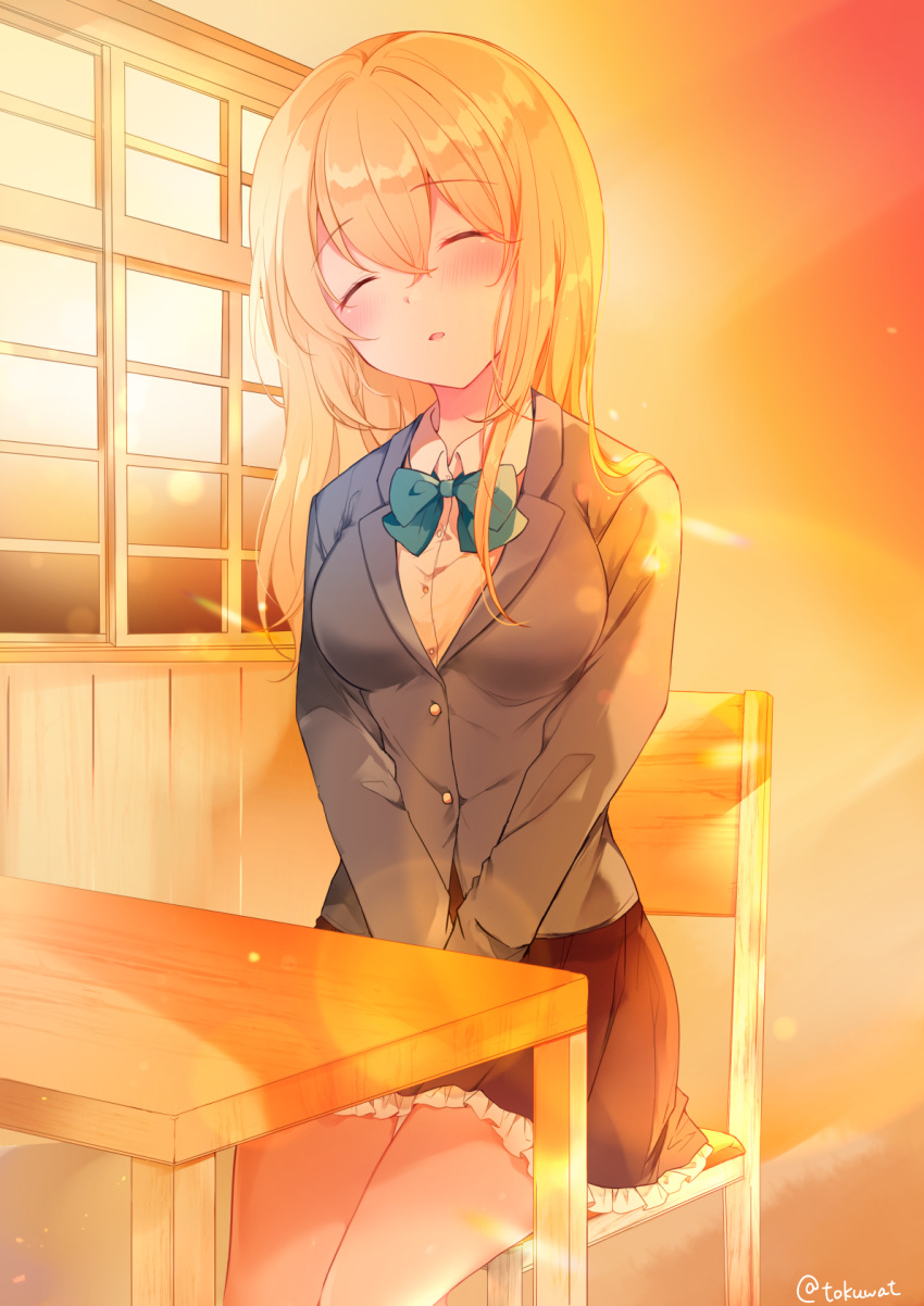 1girl bangs blazer blonde_hair blue_bow blush bow breasts brown_skirt chair classroom closed_eyes collared_shirt commentary_request dress_shirt eyebrows_visible_through_hair facing_viewer frilled_skirt frills fukunoki_tokuwa grey_jacket hair_between_eyes hands_on_lap head_tilt highres indoors jacket long_hair long_sleeves medium_breasts original parted_lips pleated_skirt school_chair shirt sitting skirt sleeping solo sunset table twitter_username white_shirt window