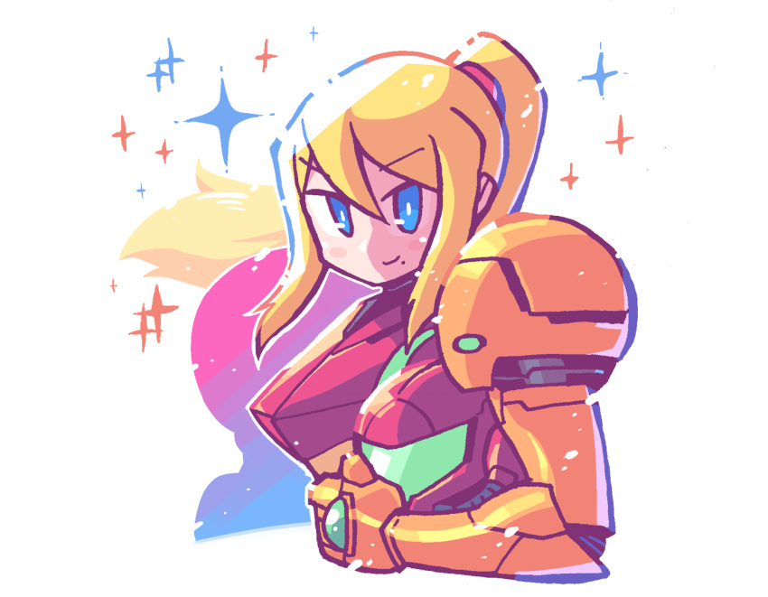 1girl armor blonde_hair blue_eyes blush_stickers breastplate bright_pupils closed_mouth floating_hair gauntlets headwear_removed helmet helmet_removed holding holding_helmet looking_at_viewer metroid mole mole_under_mouth pauldrons ponytail power_armor rariatto_(ganguri) samus_aran shoulder_armor smile solo sparkle upper_body v-shaped_eyebrows white_background