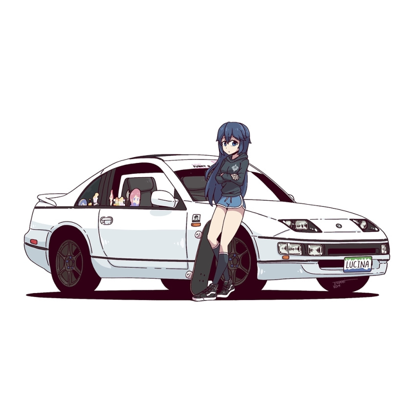 1girl black_footwear black_hoodie black_legwear blue_eyes blue_hair blue_shorts breasts car character_name commentary contemporary crossed_arms english_commentary expressionless fire_emblem fire_emblem_awakening full_body ground_vehicle jestami license_plate long_hair looking_at_viewer lucina lucina_(fire_emblem) medium_breasts motor_vehicle nissan nissan_fairlady shadow shoes shorts signature simple_background skateboard sneakers socks solo standing vehicle_focus white_background