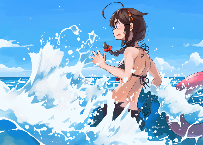 1girl ahoge bikini black_bikini black_sarong blue_eyes blush braid brown_hair clouds day hair_between_eyes hair_flaps innertube kantai_collection long_hair ocean open_mouth remodel_(kantai_collection) sarong shigure_(kantai_collection) single_braid solo sugue_tettou swimsuit twitter_username water waves