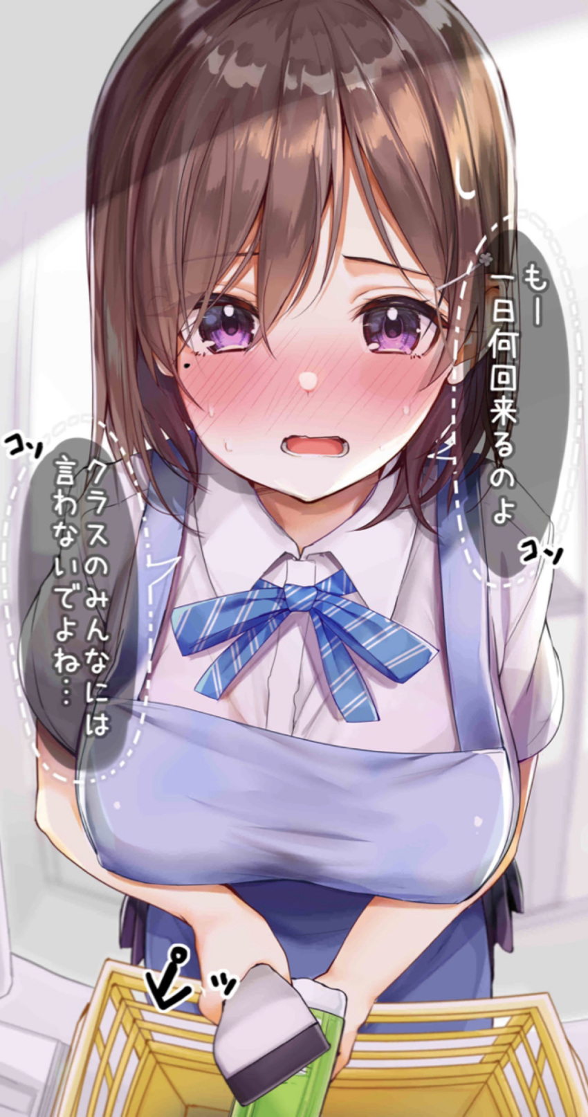 1girl absurdres apron basket blue_ribbon blush breasts collared_shirt commentary_request convenience_store employee_uniform eyebrows_visible_through_hair highres holding holding_scanner indoors large_breasts looking_at_viewer lower_teeth medium_hair mole mole_under_eye nose_blush open_mouth original purple_apron ribbon rouka_(akatyann) scanner shirt shop short_sleeves solo sweat translation_request uniform violet_eyes white_shirt