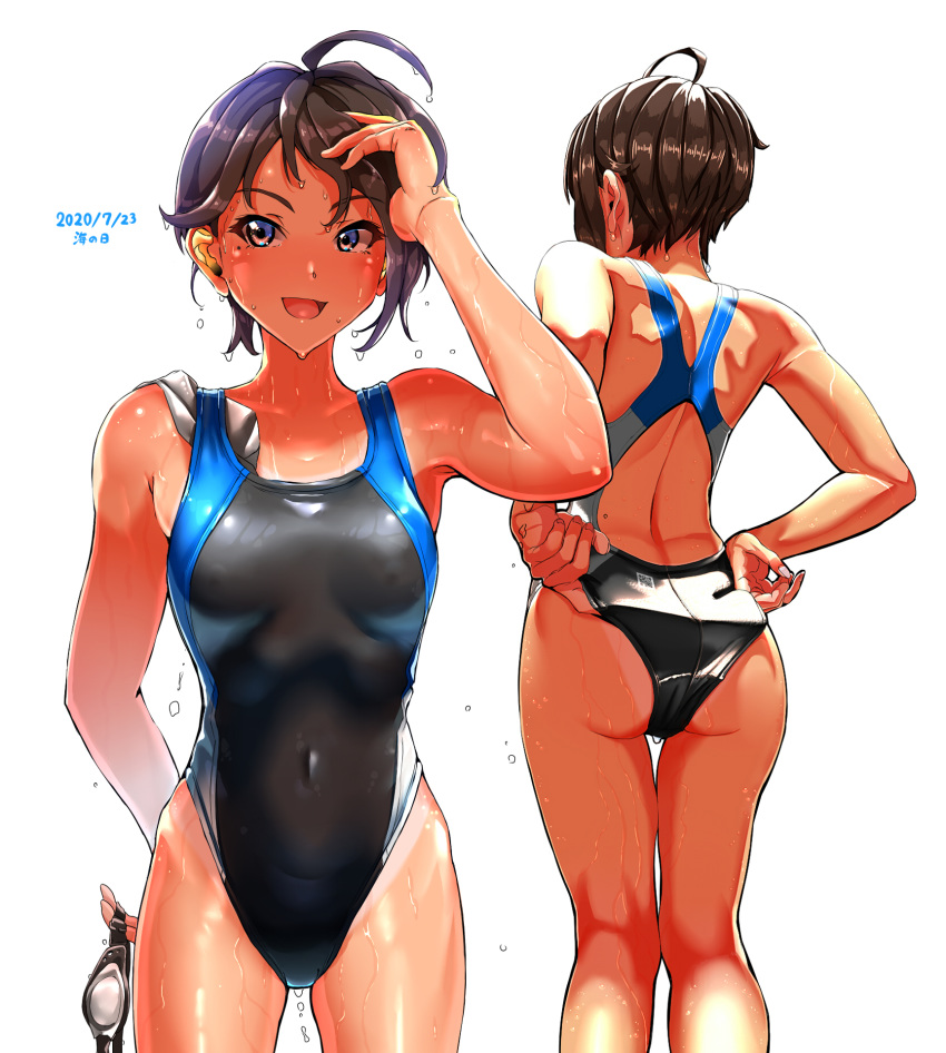 1girl adjusting_clothes adjusting_swimsuit ahoge ass black_hair black_swimsuit blue_eyes competition_swimsuit cowboy_shot goggles goggles_removed highleg highleg_swimsuit highres kilesha looking_at_viewer multiple_views one-piece_swimsuit original short_hair simple_background smile standing swimsuit white_background