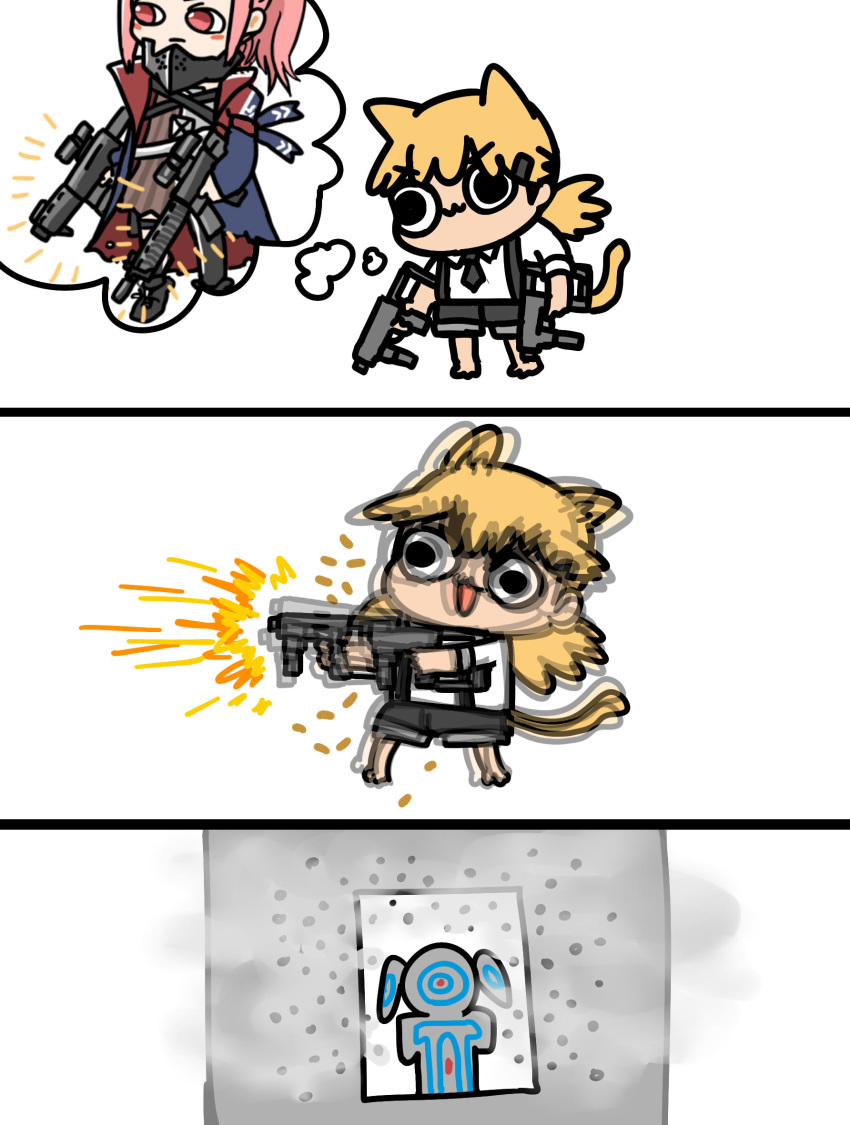 2girls :3 afei_(sfma3248) afterimage ar-15 barefoot black_eyes black_neckwear black_shorts blonde_hair blue_jacket bullet_hole bushman_idw chibi chinese_commentary coat commentary_request dual_wielding emphasis_lines expressionless firing girls_frontline gun highres holding holding_gun holding_weapon holster idw_(girls_frontline) jacket long_hair looking_to_the_side mask multiple_girls necktie open_clothes open_jacket pink_hair red_eyes rifle scope shell_casing shirt short_sleeves shorts sidelocks simple_background smoke solid_circle_eyes st_ar-15_(girls_frontline) standing target thigh_holster thought_bubble twintails v-shaped_eyebrows weapon white_background white_shirt