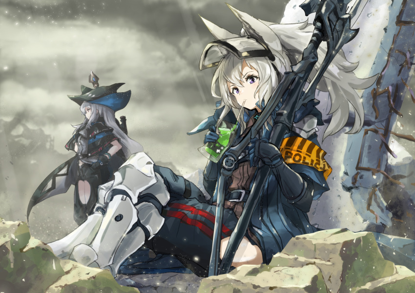 2girls animal_ears arknights bangs black_gloves black_headwear blue_jacket clouds commentary_request drinking expressionless full_body gloves grani_(arknights) hair_between_eyes hat highres holding horse_ears jacket long_hair looking_at_viewer multiple_girls open_clothes open_jacket outdoors pants ponytail red_eyes shirt silver_hair sitting skadi_(arknights) standing thigh_cutout violet_eyes weapon yu-ves