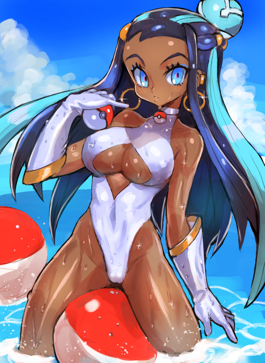 1girl alternate_costume black_hair blue_eyes breast_cutout breasts clouds commentary_request dakusuta dark_skin day earrings eyelashes gloves hair_bun highres holding holding_poke_ball hoop_earrings jewelry long_hair looking_at_viewer makeup multicolored_hair outdoors parted_lips poke_ball poke_ball_(basic) pokemon pokemon_(game) pokemon_swsh rurina_(pokemon) silver_gloves silver_swimsuit sky solo swimsuit two-tone_hair water wet