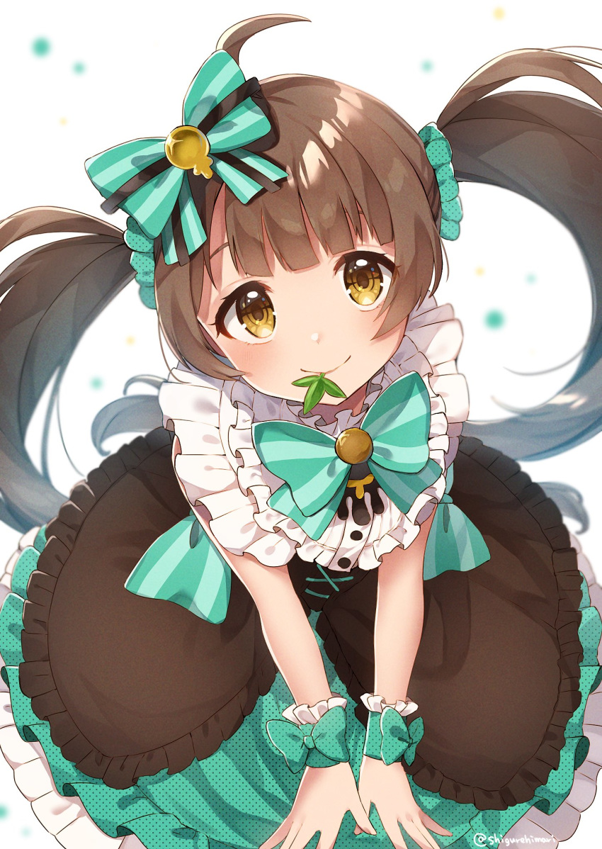 1girl ahoge bangs blurry blush bow bowtie brown_dress brown_eyes brown_hair buttons closed_mouth collared_dress commentary_request cross-laced_clothes depth_of_field dress frilled_dress frilled_shirt_collar frills from_above glint green_bow green_dress green_neckwear green_scrunchie hair_bow hair_ornament hair_scrunchie hakozaki_serika highres idolmaster idolmaster_million_live! layered_dress leaf long_hair looking_at_viewer looking_up mint mokuharu mouth_hold polka_dot polka_dot_bow polka_dot_dress polka_dot_scrunchie scrunchie shiny shiny_hair sleeveless sleeveless_dress smile solo striped striped_bow twintails twitter_username white_background wrist_cuffs