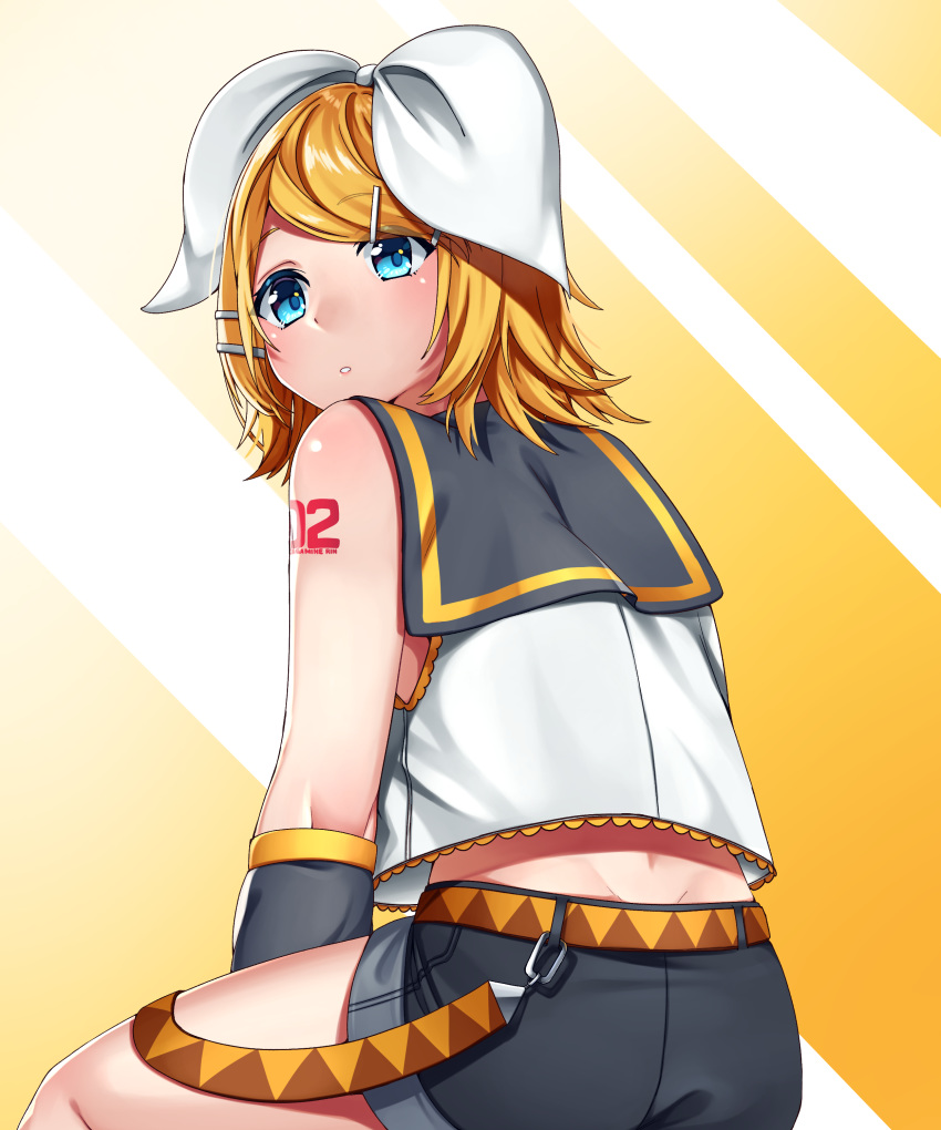 1girl absurdres bangs between_legs black_sailor_collar black_shorts black_sleeves blonde_hair blue_eyes bow butt_crack collared_shirt detached_sleeves from_behind gradient gradient_background hair_bow hand_between_legs highres inu8neko kagamine_rin looking_back midriff parted_lips sailor_collar sailor_shirt shiny shiny_hair shirt short_hair short_shorts shorts sitting sleeveless sleeveless_shirt solo swept_bangs vocaloid white_background white_bow white_shirt yellow_background