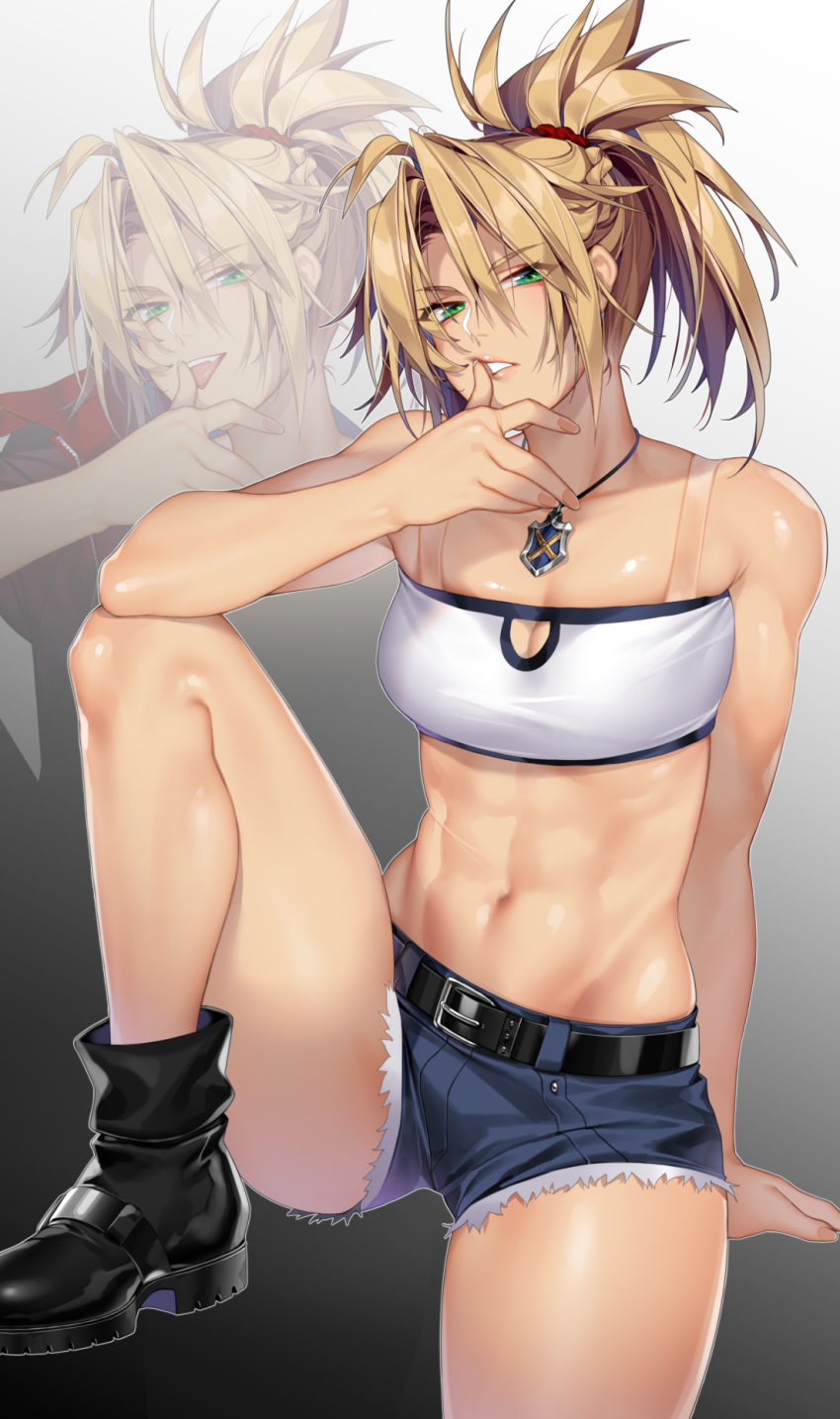 1girl abs arm_support bangs bare_shoulders belt black_belt black_footwear braid cutoffs deathalice denim denim_shorts fate/apocrypha fate/grand_order fate_(series) french_braid gradient gradient_background green_eyes hair_between_eyes hair_ornament hair_scrunchie highres jewelry looking_at_viewer mordred_(fate) mordred_(fate)_(all) muscle muscular_female navel necklace parted_lips ponytail scrunchie shorts sidelocks sitting stomach strapless thighs tubetop