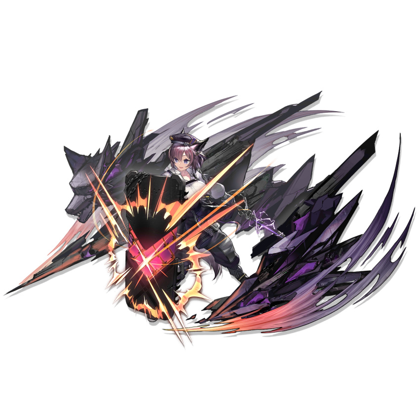 1girl :d animal_ears arknights bangs dur-nar_(arknights) electricity elite_ii_(arknights) fox_ears grey_pants hair_between_eyes hat highres holding holding_sword holding_weapon long_sleeves official_art open_mouth pants purple_hair shield shirt short_hair smile solo sword transparent_background violet_eyes weapon white_shirt xiayehongming