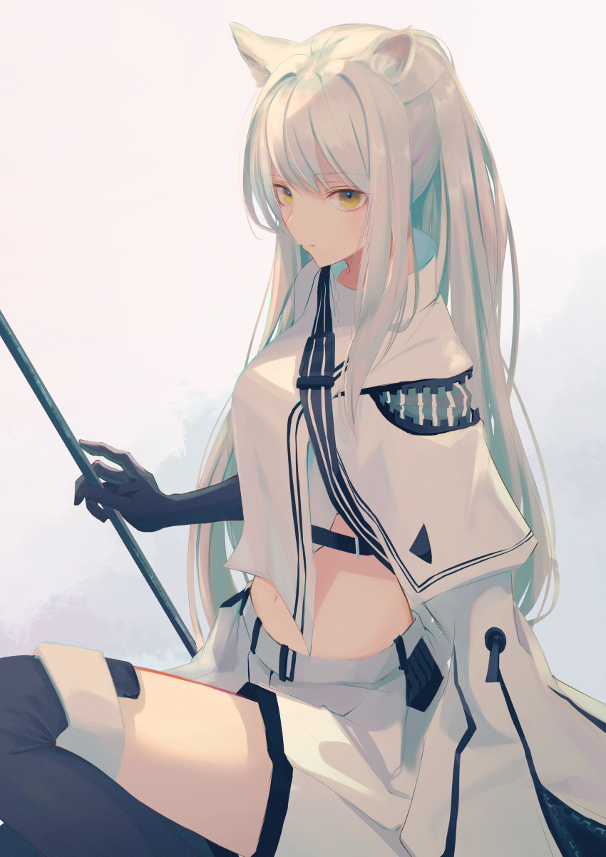 1girl 7ife absurdres animal_ears arknights bangs black_footwear black_gloves boots commentary_request crop_top gloves highres holding huge_filesize long_hair looking_at_viewer midriff navel partial_commentary platinum_(arknights) shirt silver_hair skirt skirt_set solo thigh-highs thigh_boots white_shirt white_skirt yellow_eyes