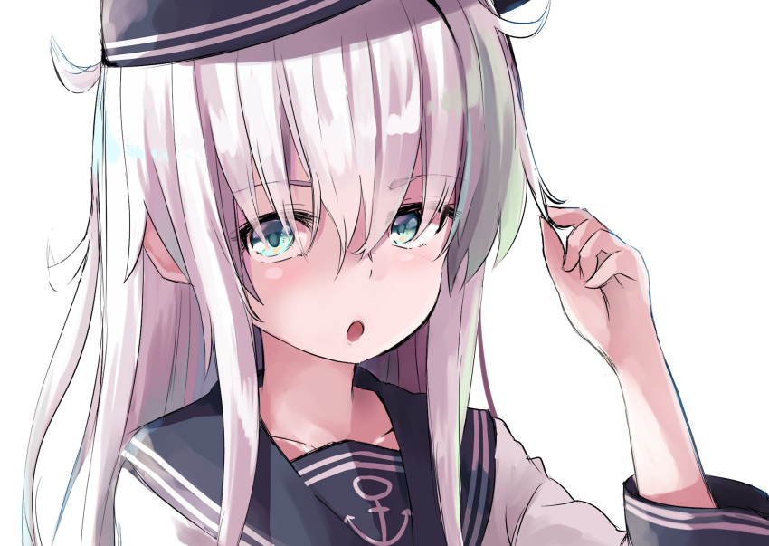 1girl anchor_symbol black_headwear black_sailor_collar blue_eyes collarbone eyebrows_visible_through_hair flat_cap hair_between_eyes hat hibiki_(kantai_collection) highres kantai_collection long_hair long_sleeves looking_at_viewer open_mouth sailor_collar school_uniform serafuku silver_hair simple_background solo taisho_(gumiyuki) white_background