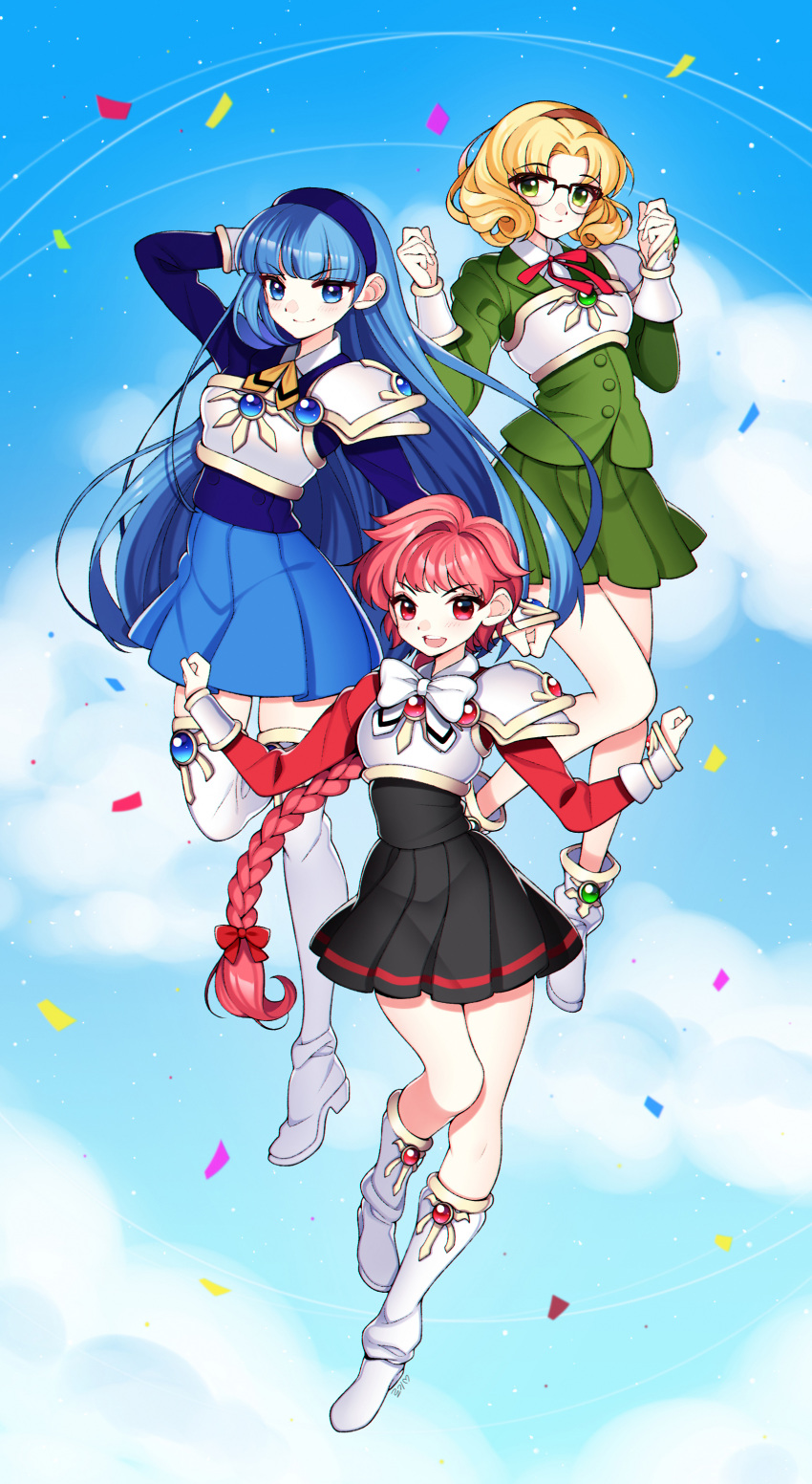 3girls absurdres armor bangs black_skirt blazer blue_eyes blue_hair blue_hairband blue_skirt bow braid breastplate brown_hair closed_mouth confetti eyebrows_visible_through_hair full_body glasses green_jacket green_skirt hair_bow hairband highres hououji_fuu jacket knee_boots loggi long_hair long_sleeves looking_at_viewer magic_knight_rayearth midair multiple_girls muneate open_mouth pleated_skirt red_bow red_eyes red_neckwear red_ribbon ryuuzaki_umi school_uniform shidou_hikaru short_hair shoulder_armor single_braid skirt smile teeth thigh_boots white_boots white_bow white_footwear white_thigh_boots zettai_ryouiki