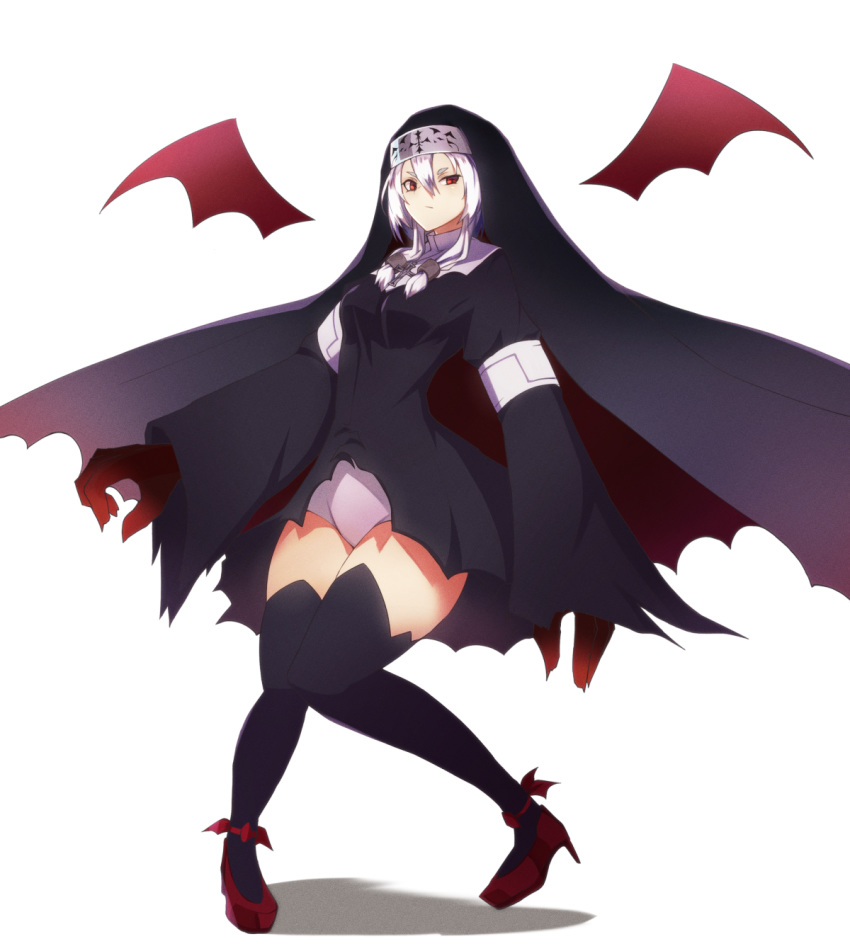 1girl alder black_legwear breasts closed_mouth commentary_request cross detached_wings full_body habit hair_between_eyes high_heels highres jewelry long_sleeves medium_breasts monster_girl necklace nun original red_eyes red_footwear shadow short_eyebrows simple_background solo thigh-highs turtleneck white_background white_hair wings