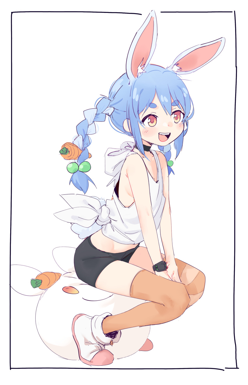 1girl :d absurdres animal_ears bike_shorts blue_hair braid camisole carrot_hair_ornament choker eds extra_ears food_themed_hair_ornament hair_bobbles hair_ornament highres hololive open_mouth orange_eyes rabbit_ears shirt sitting smile solo thick_eyebrows thigh-highs tied_shirt twin_braids usada_pekora virtual_youtuber white_background