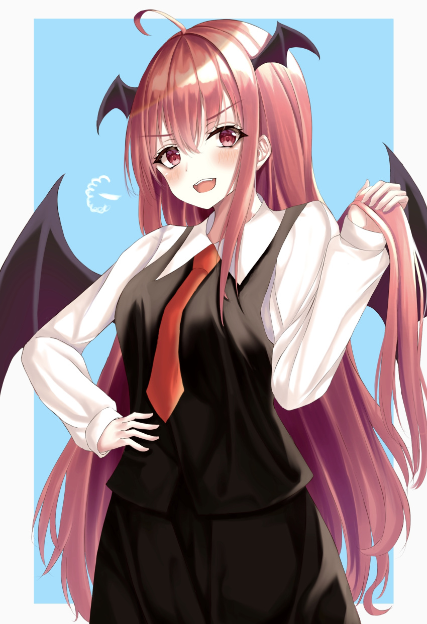 1girl =3 absurdres ahoge arm_up black_skirt black_vest blue_background blush commentary_request cowboy_shot eyebrows_visible_through_hair hair_between_eyes hand_on_hip head_tilt head_wings highres holding holding_hair koakuma kure:kuroha long_hair long_sleeves looking_at_viewer necktie open_mouth partial_commentary red_eyes red_neckwear redhead shiny shiny_hair shirt simple_background skirt sleeves_past_wrists solo standing touhou upper_teeth very_long_hair vest white_shirt
