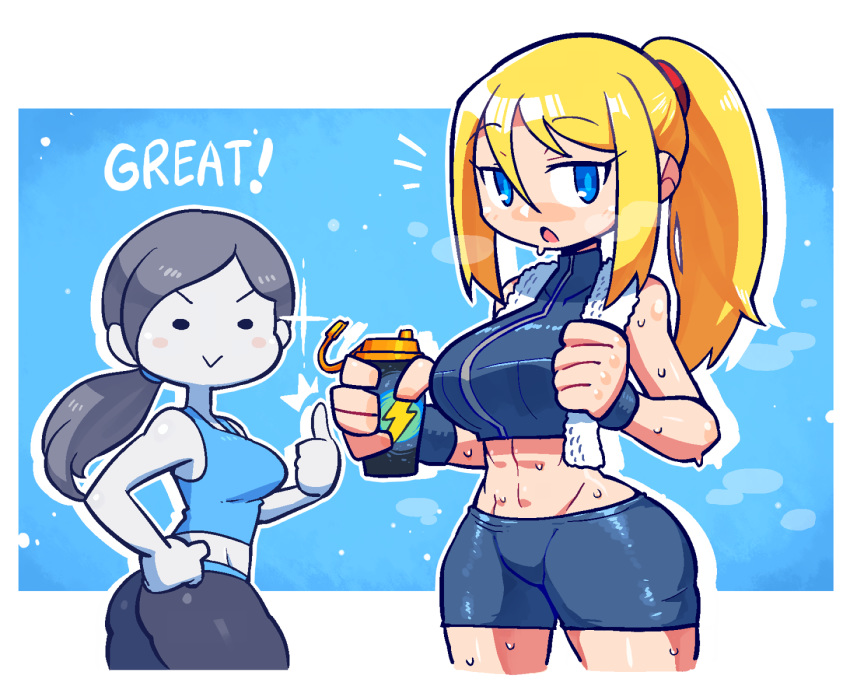 2girls :&gt; :&lt; abs ass bike_shorts blonde_hair blue_background blue_eyes blue_shorts blush_stickers bottle closed_mouth cowboy_shot crop_top crossed_legs crossover eyebrows_visible_through_hair grey_hair hair_between_eyes hand_up highres holding long_hair looking_at_viewer metroid midriff multiple_girls open_mouth outline ponytail rariatto_(ganguri) samus_aran shorts smile sparkle standing sweat thumbs_up water_bottle white_outline white_skin wii_fit wii_fit_trainer